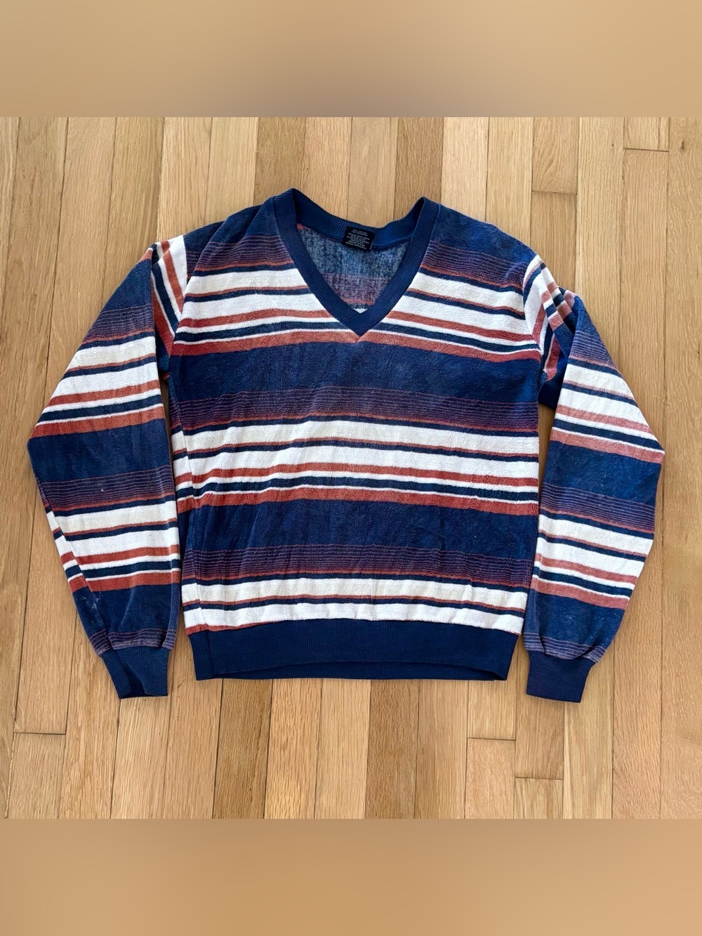 Vintage 70s Campus Velour Striped Sweater Mens S Made in USA V Neck Terry Cloth